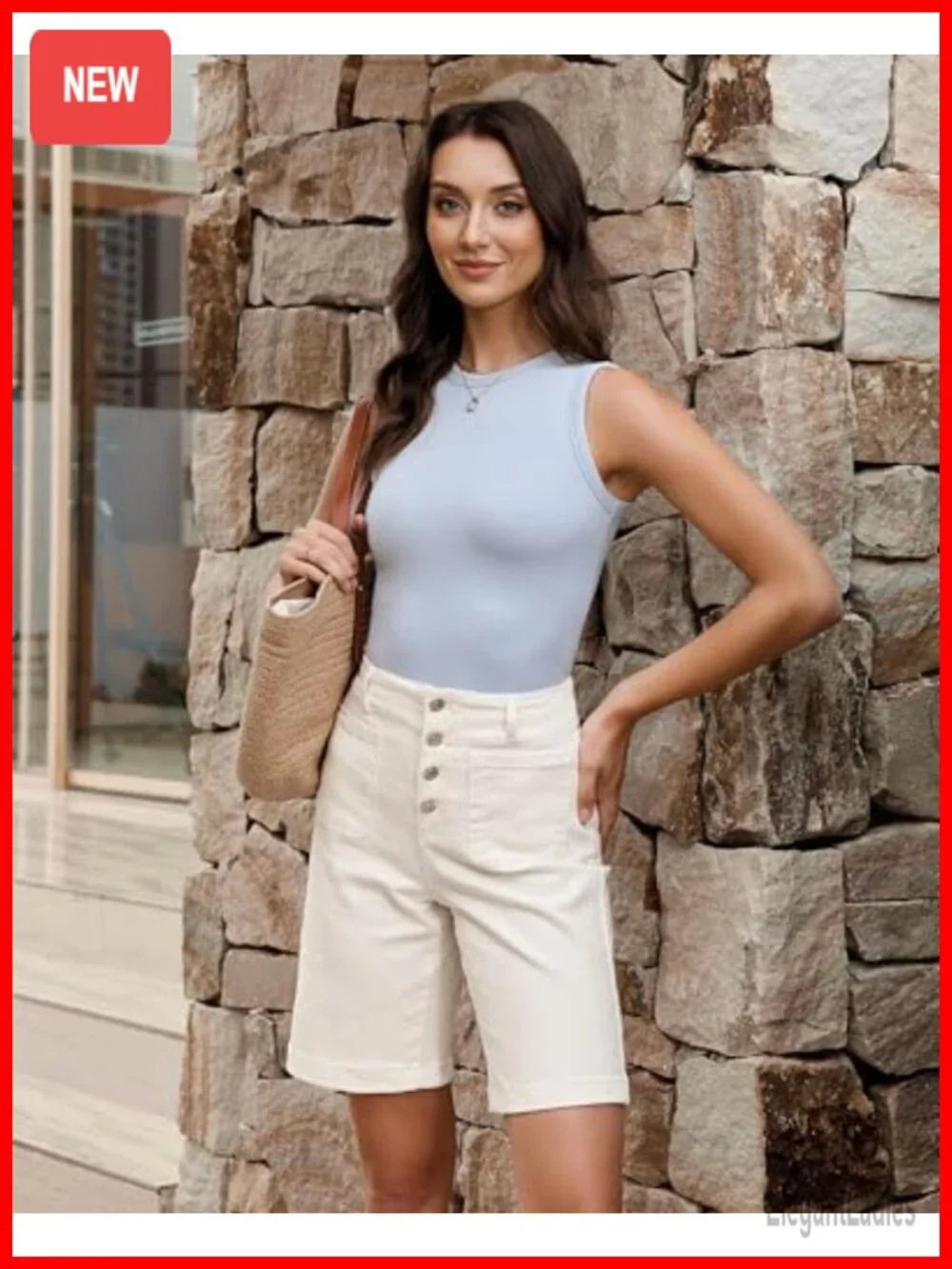 High Waisted Bermuda Jean Shorts Stretchy Denim Button Fly Patch Pocket Summer